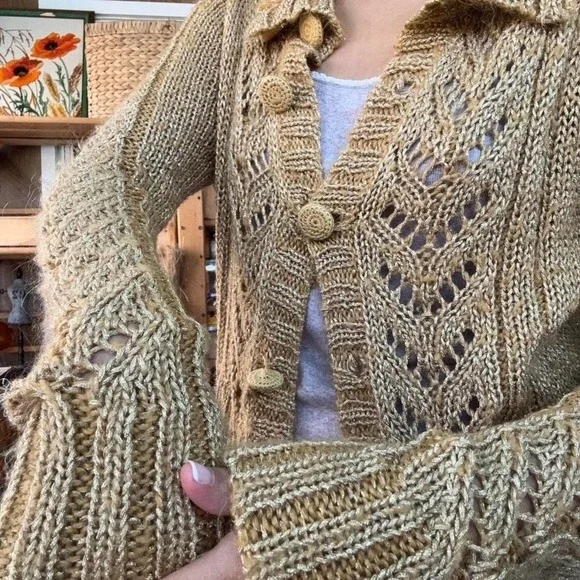 BCBGIRLS Gold Metallic Knit Cardigan Sweater Mustard Yellow Pointelle Button Up - Picture 3 of 8